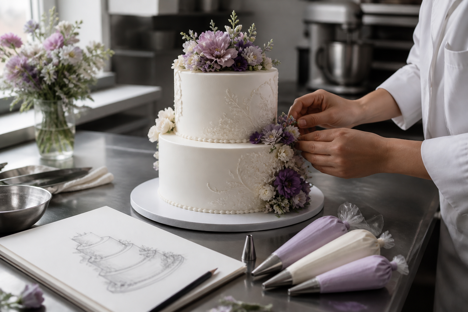 Hands decorating a white wedding cake with fresh purple flowers