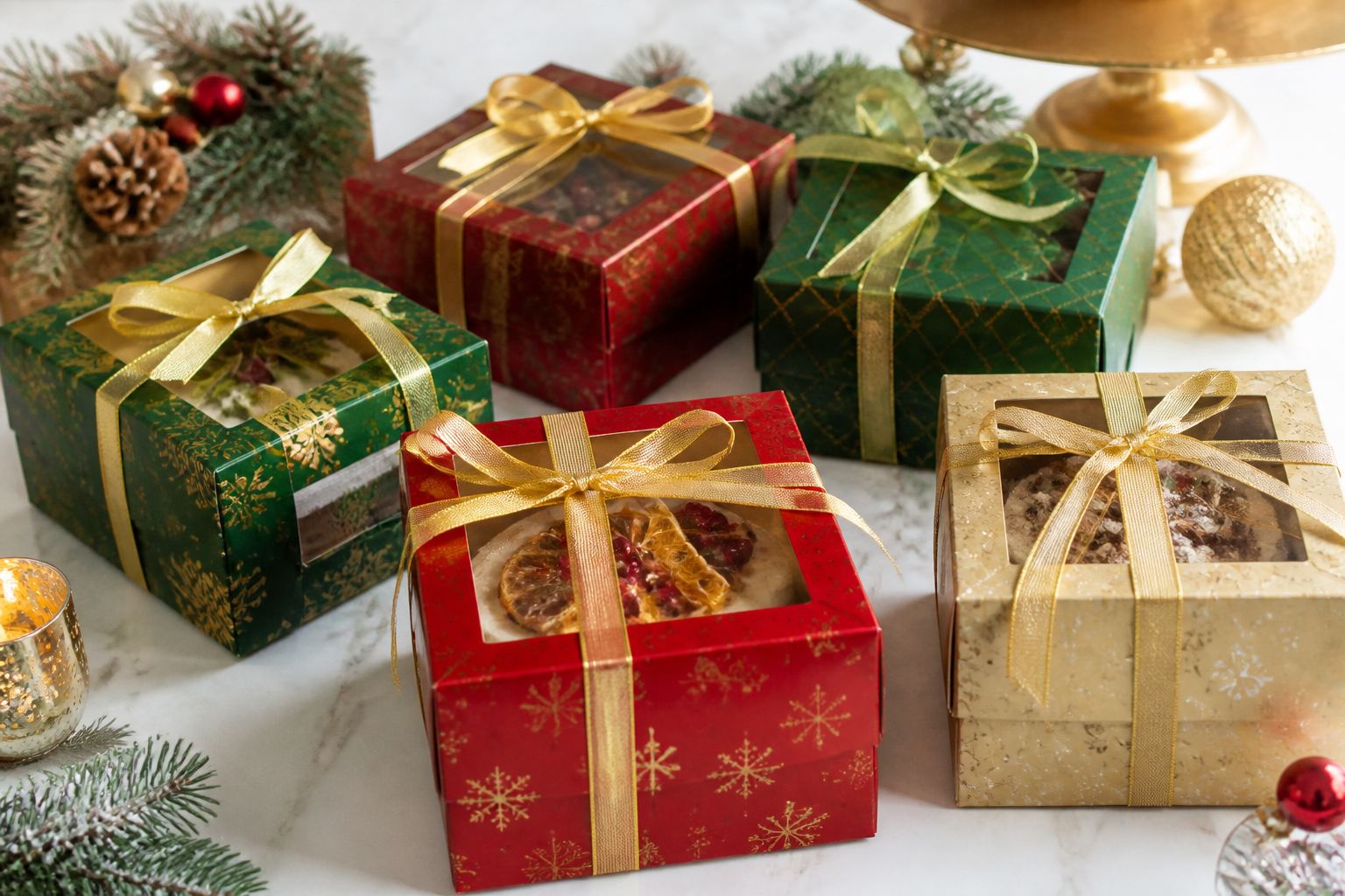 Christmas cake gift boxes wrapped in red, gold and green paper