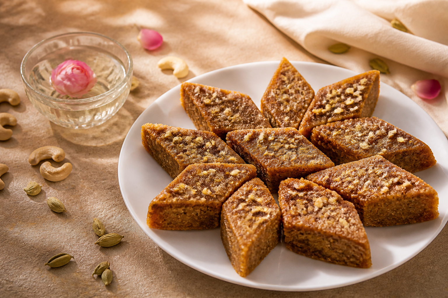 Love cake pieces with cashews, cardamom and rose water
