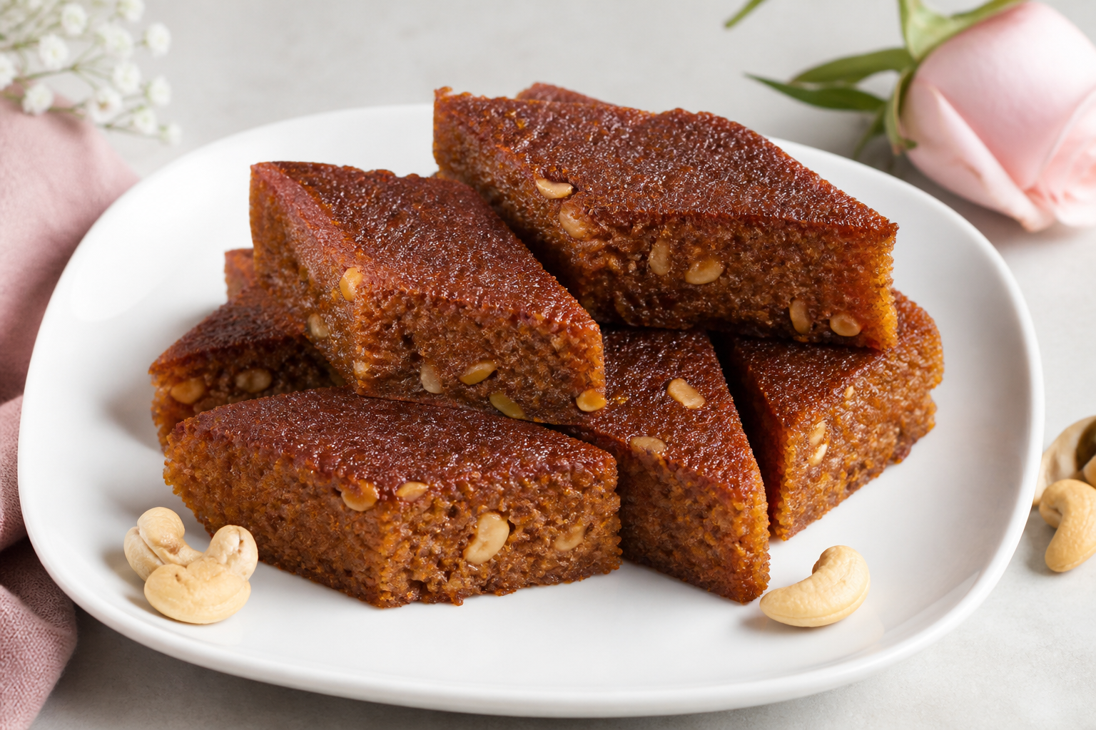 Diamond pieces of golden Sri Lankan love cake with cashews