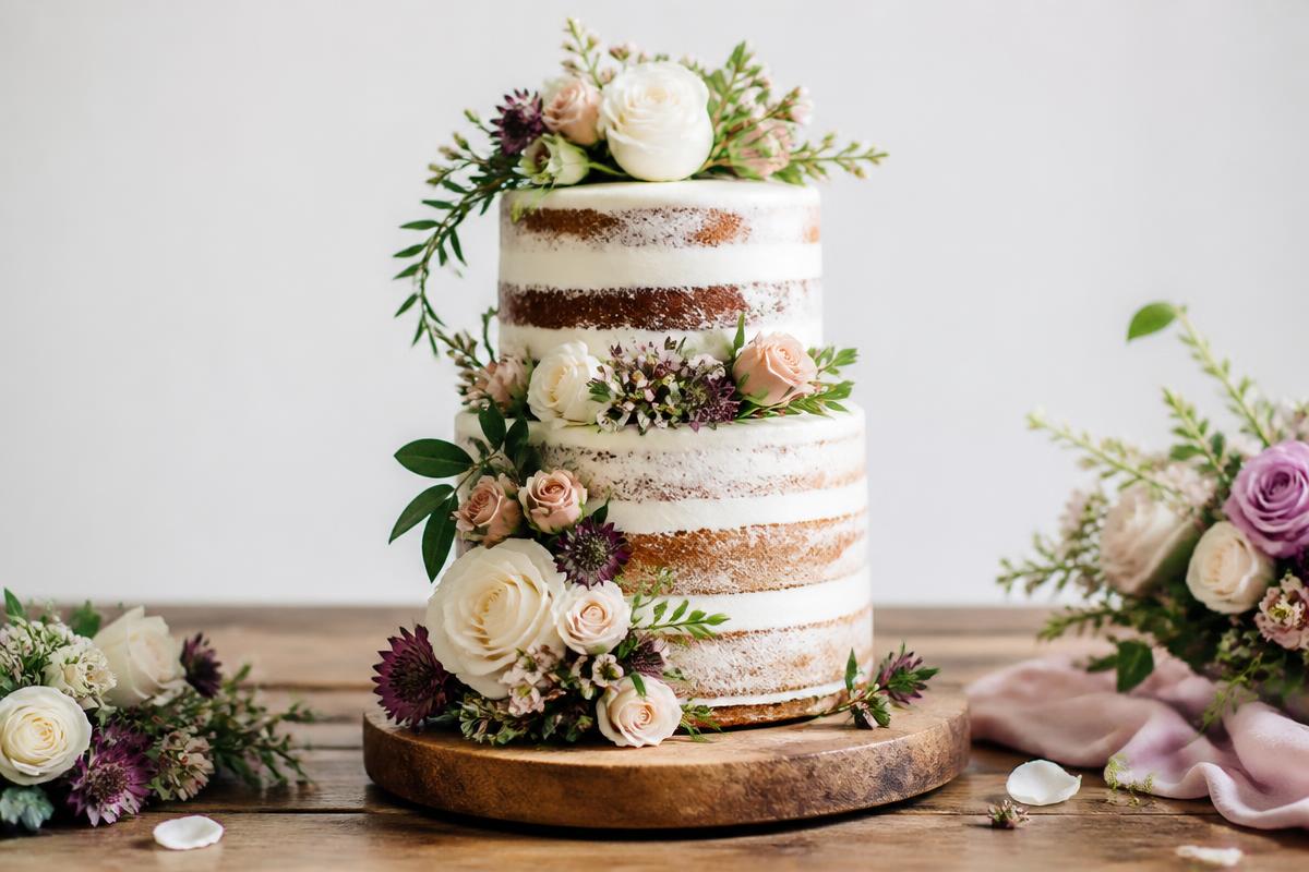 A naked semi-naked wedding cake with exposed layers, decorated with fresh white and blush flowers and greenery