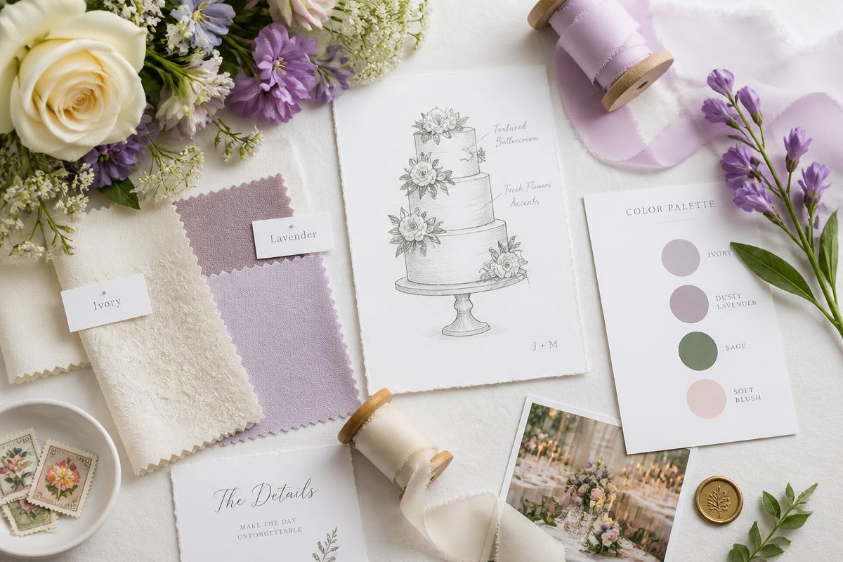 A wedding mood board flat lay with fabric swatches, fresh flowers, a hand-drawn cake sketch and ribbon spools on a white surface